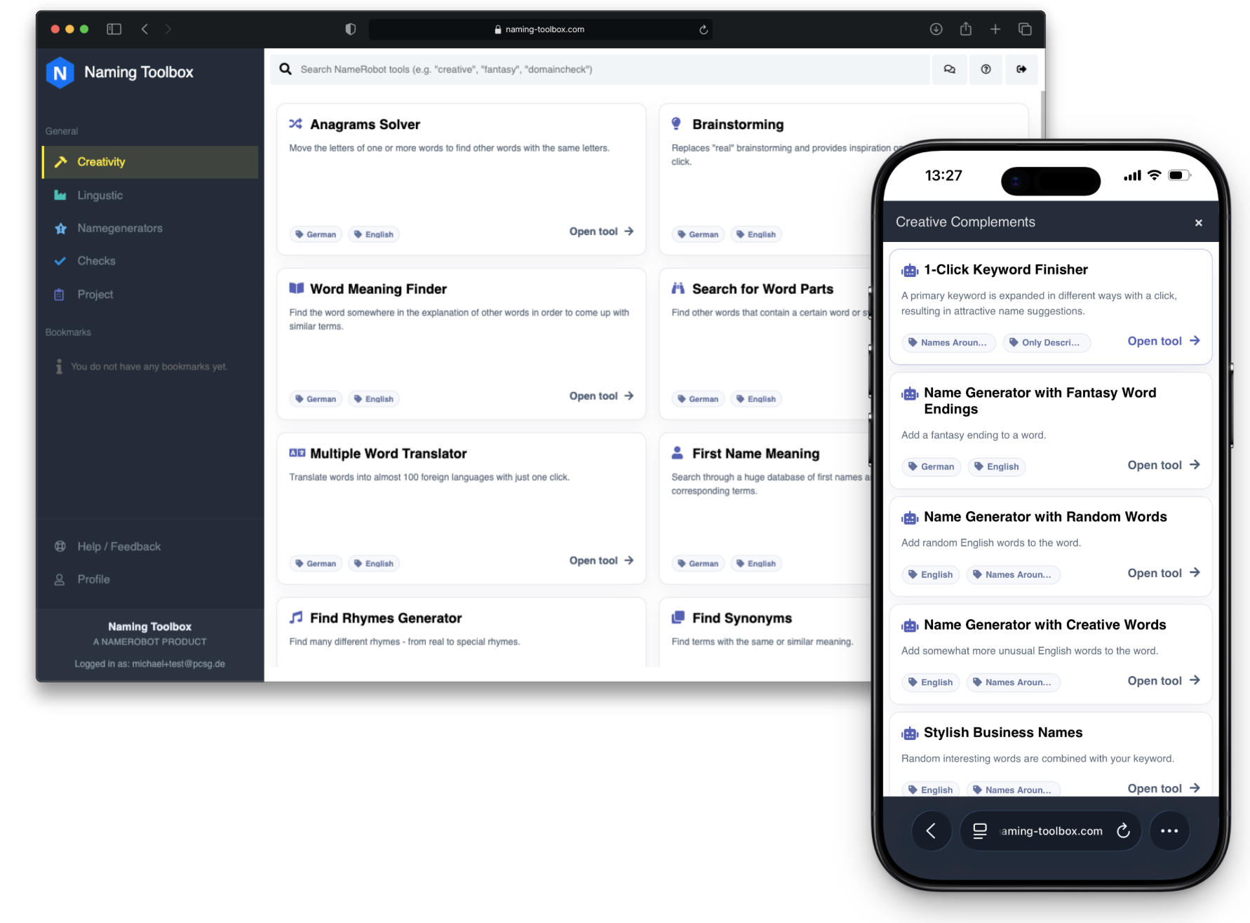Naming Toolbox for creative name ideas with name generator and keyword tools for brands, startups and projects Naming Toolbox screenshot showing name generator, keyword generator and creative naming tools for branding on desktop and mobile
