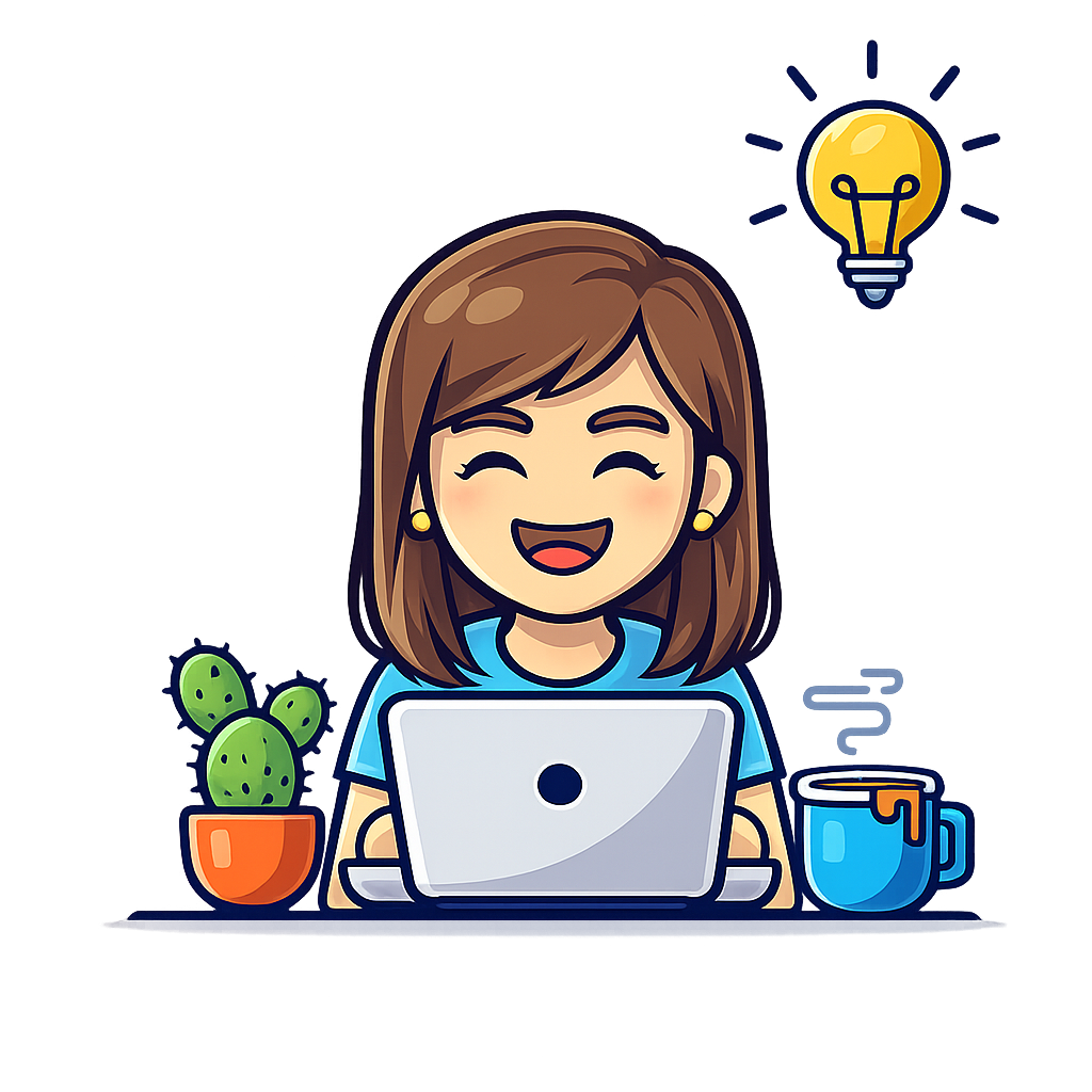 Happy customer sharing her experience with the Naming Toolbox llustration of a smiling woman at a laptop with a light bulb, cactus, and mug used for a customer testimonial