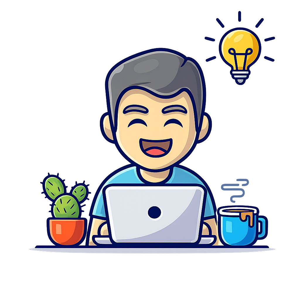 Happy customer sharing his experience with the Naming Toolbox Illustration of a smiling man at a laptop used for a customer testimonial
